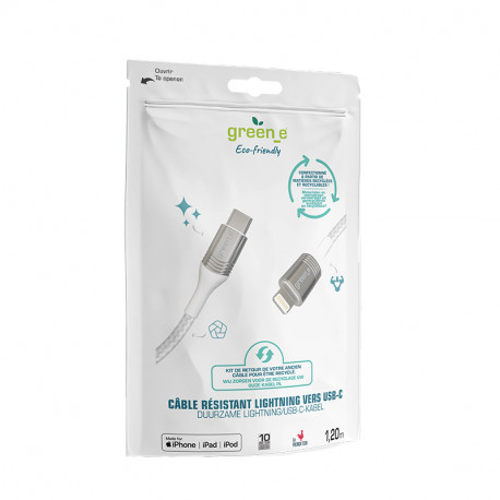 Cable charge rapide lightning vers usb-c 1.3m blanc Green_e GR2035